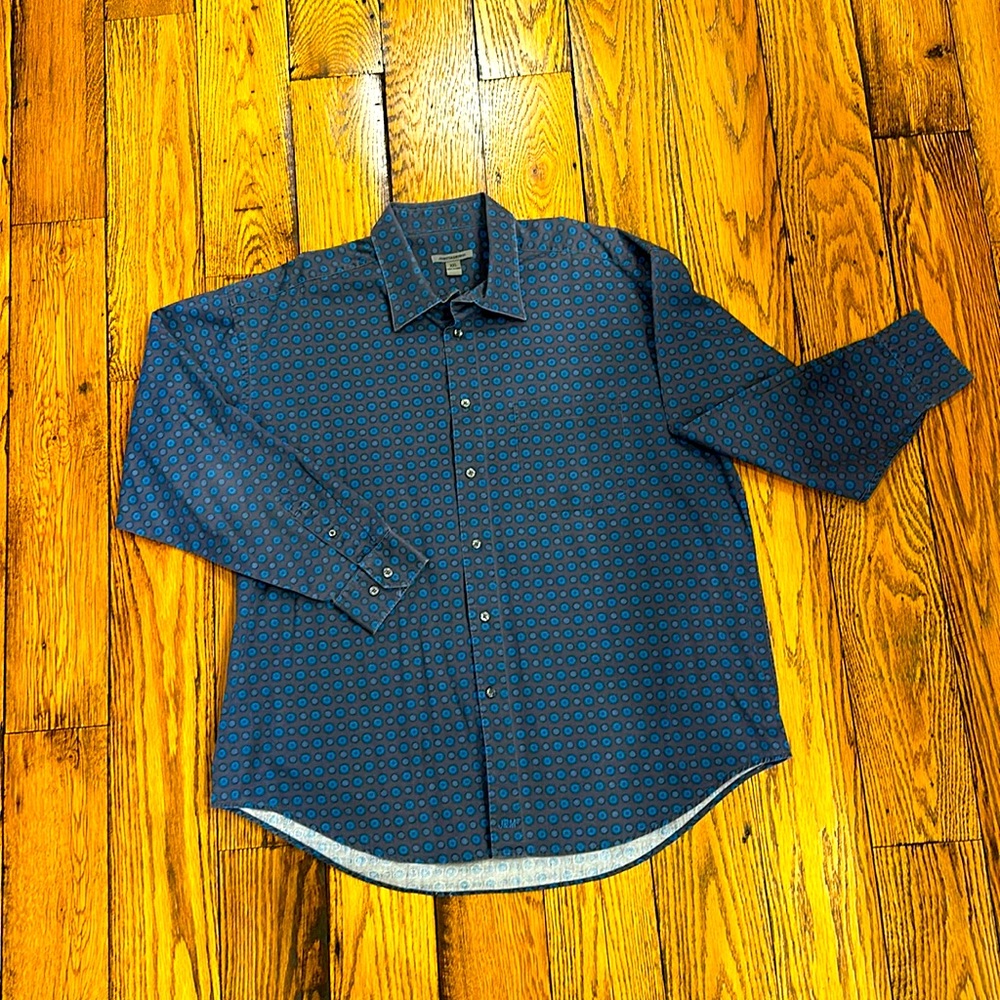 JOHNSON & MURPHY BLUE AND GRAY PATTERNED COTTON LONG SLEEVE BUTTON UP SHIRT XXL